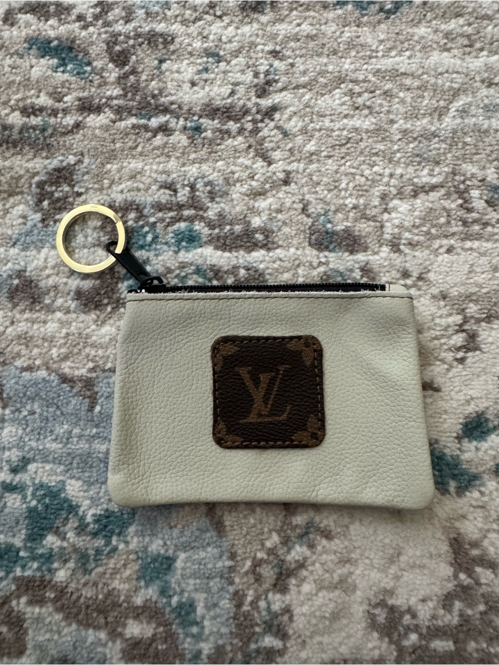 Cream Leather Zip Coin Pouch with Monogram Patch and Key Ring